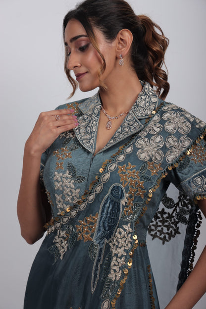 Saira Blue Embroidered Draped Set