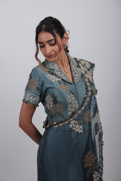 Saira Blue Embroidered Draped Set
