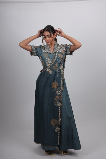 Saira Blue Embroidered Draped Set